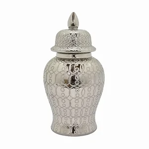 PBTH94372 | Plutus Brands Elegant Silver Ceramic Temple Jar