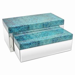 Plutus PBTH92547 Glass Mirrored Box In Blue Glass Set Of 2