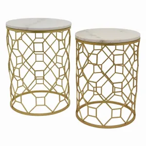 Plutus PBTH92923 Metal Marble Top Table In Gold Metal Set Of 2