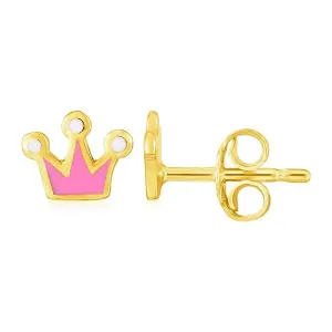 Unbranded 49300 14k Yellow Gold And Enamel Pink Crown Stud Earrings