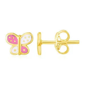 Unbranded 53043 14k Yellow Gold And Enamel Pink And White Butterfly St