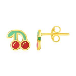 Unbranded 97463 14k Yellow Gold And Enamel Cherries Stud Earrings