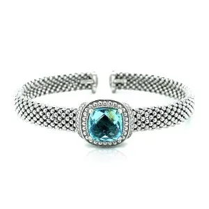 Unbranded 24877 Popcorn Texture Cuff Bangle With Blue Topaz And Diamon