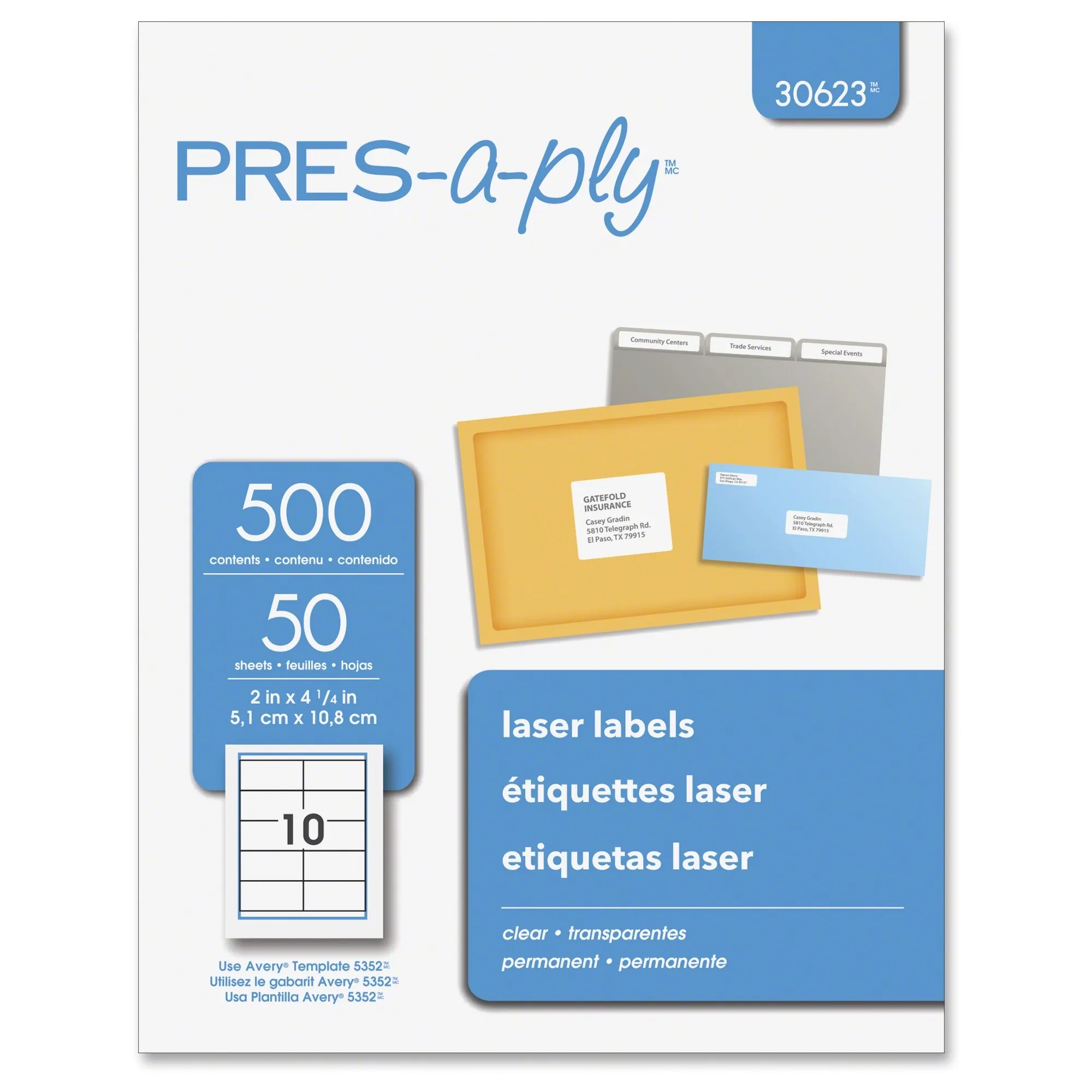 Avery 30623 Pres-a-ply 2 X 4 14 Clear Laser 10 Labelssheet (50 Sheetsb