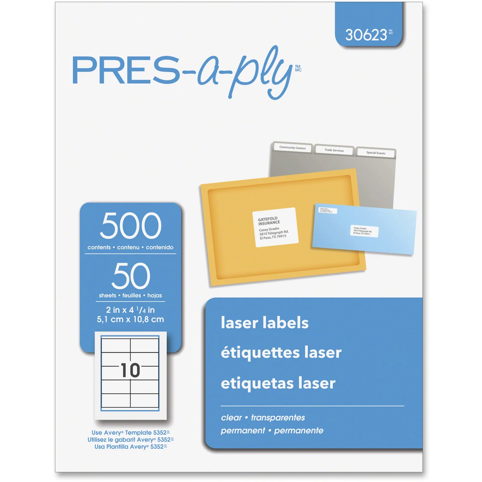 Avery 30623 Pres-a-ply 2 X 4 14 Clear Laser 10 Labelssheet (50 Sheetsb