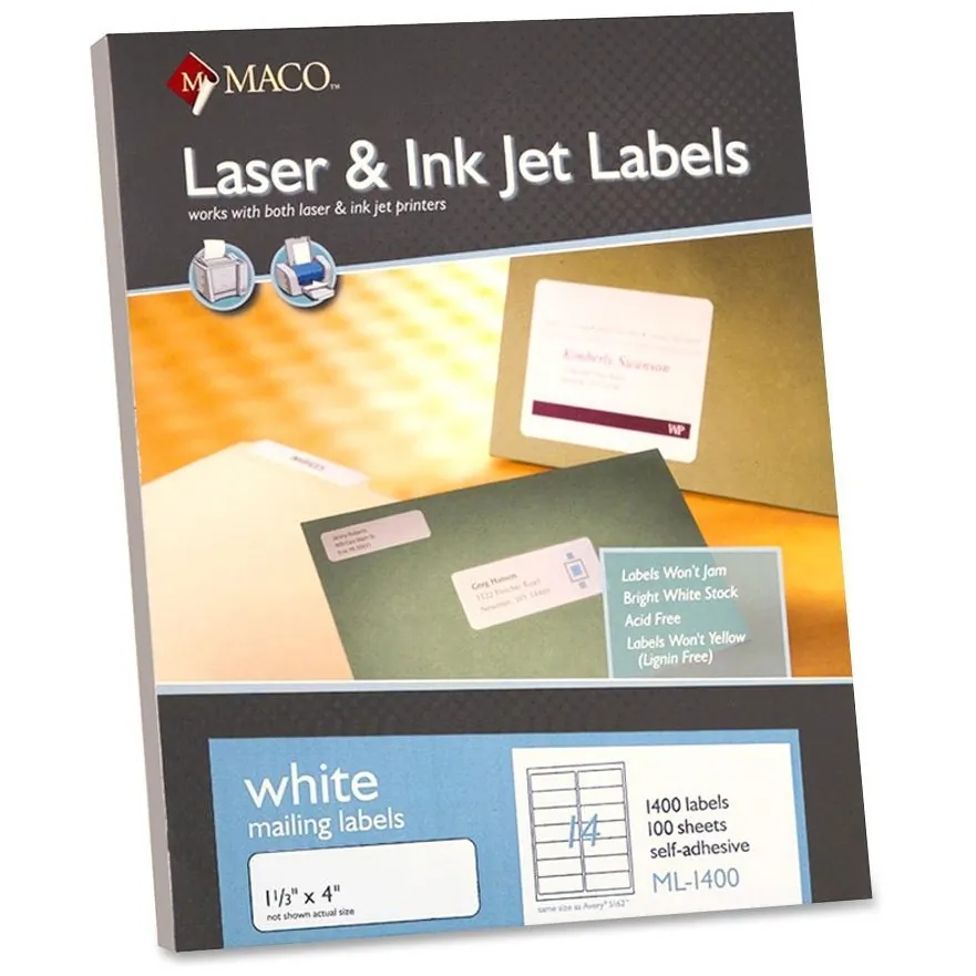 Maco ML1400 1 13 X 4 Laserinkjet White Address Labels (14 Labelssheet)