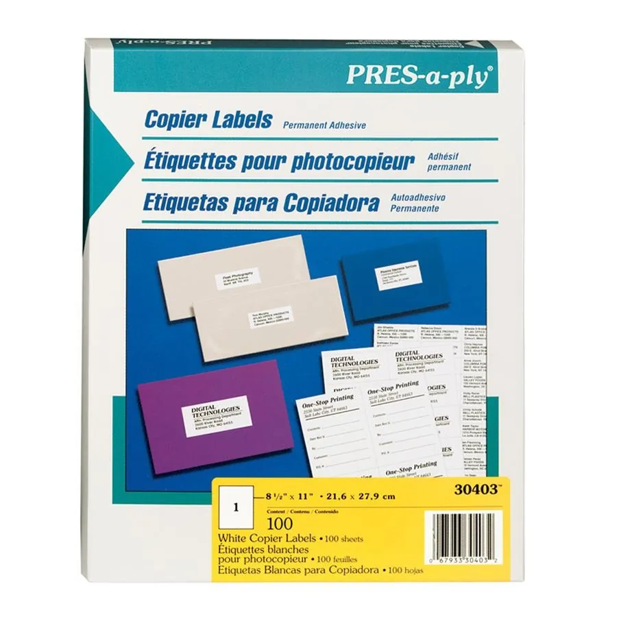 Avery 30403 Pres-a-ply (8 12 X 11) (white Copier) (1 Labelsheet) (100 