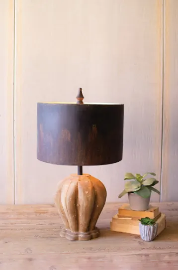 Kalalou CCG1595 Table Lamp With Natural Wooden Base  Dark Metal Barrel