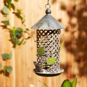 Accent 4506161 Round Metal Bird Feeder With Green Leaf Ornaments