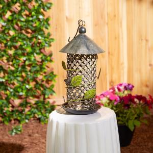 Accent 4506161 Round Metal Bird Feeder With Green Leaf Ornaments