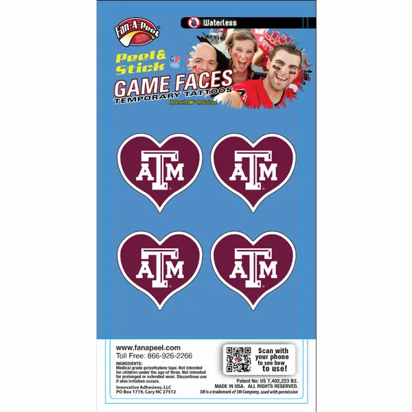 Innovative WCHRT69R TEXAS A&M Waterless Peel  Stick Temporary Tattoos 