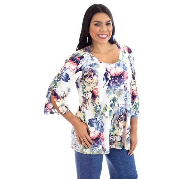 Island T557-1259-P1 Button Detail 34 Sleeve Back Open Tunic (pack Of 1