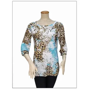 Island T1103-8019-P2 Digital Print Boat Neck Bell Sleeves Tunic Top (p