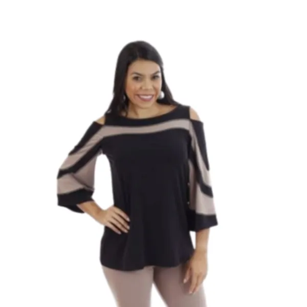 Island T504-BLK-MOCHA4 Cold Shoulder Color Block 34 Sleeves Top (pack 