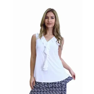 Island T033-W-P1 V Neck Ruffle Front Sleeveless Top (pack Of 1)