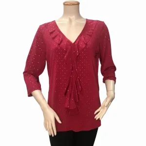 Island T604-1036-R3 V-neck 34 Sleeve Ruffle Front Tunic Solid Color An