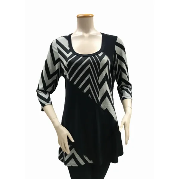 Island T537-BLK-STRIPES-P2 Asymmetrical Color Block Scoop Neck Multi M