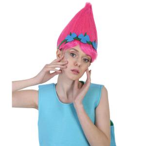 Goods HW-1079A Princess Troll Pink Wig With Green And Blue Felt Flower