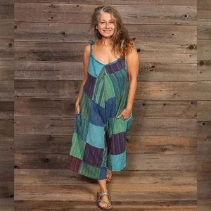 Jayli Imports Turquoise Cotton Patchwork Tie Strap Jumpsuit