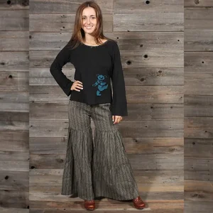 Jayli Imports Tiered Flare Pants in Striped Cotton - Black