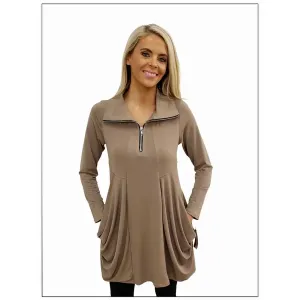 Island T627-M2 Tunic Long Sleeves Kangaroo Pocket Zipper Front Tunic I