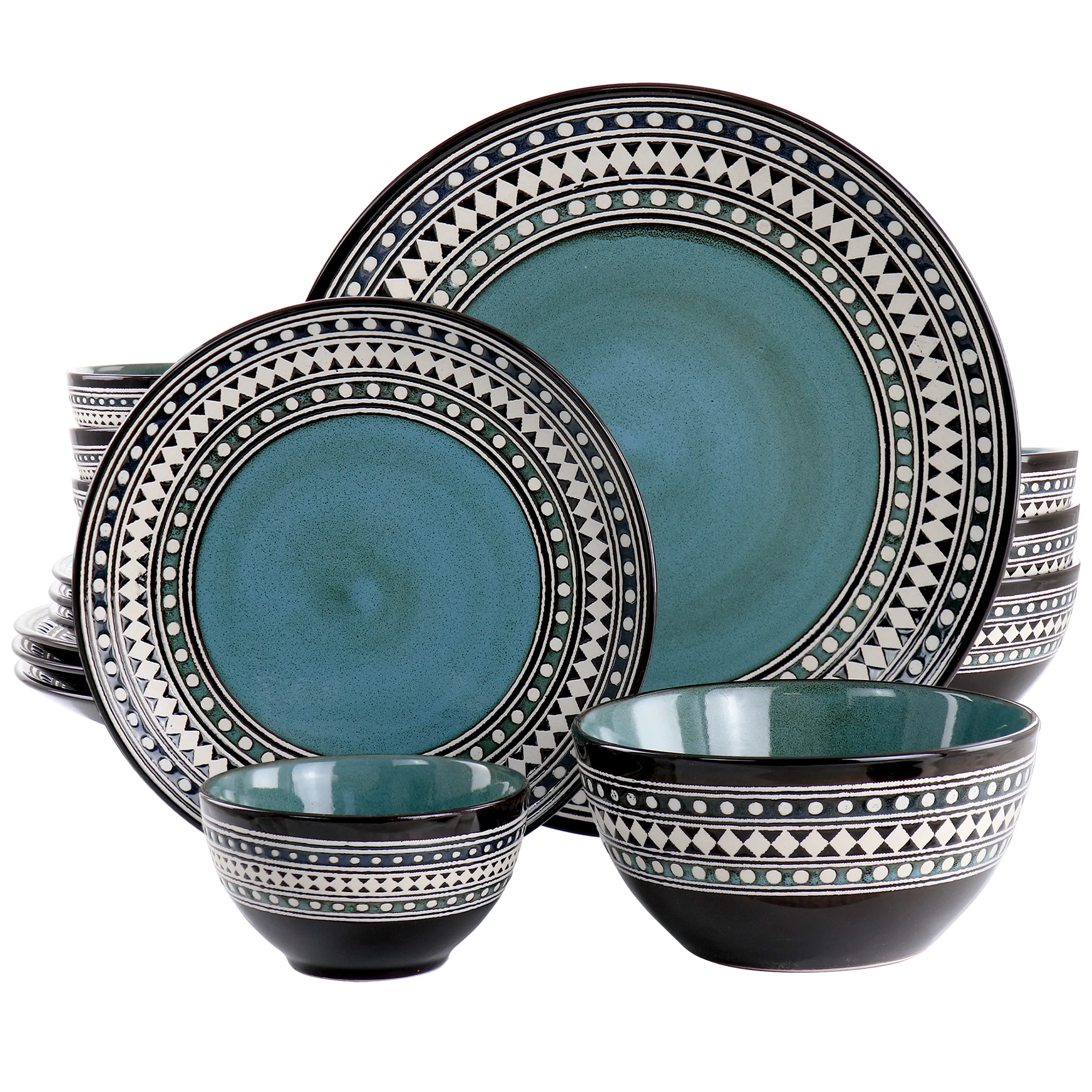 Elama ELM-BLUESAGE16 Blue Sage Double Bowl Stoneware Set - 16 Pieces