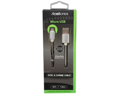 AB384 | Bulk Buys Acellories 6ft Silver Micro USB Cable