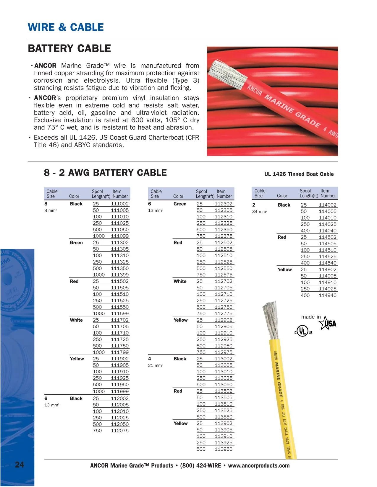 Ancor 117905 Marine Grade Yellow 20 Awg Battery Cable - 50 Feet