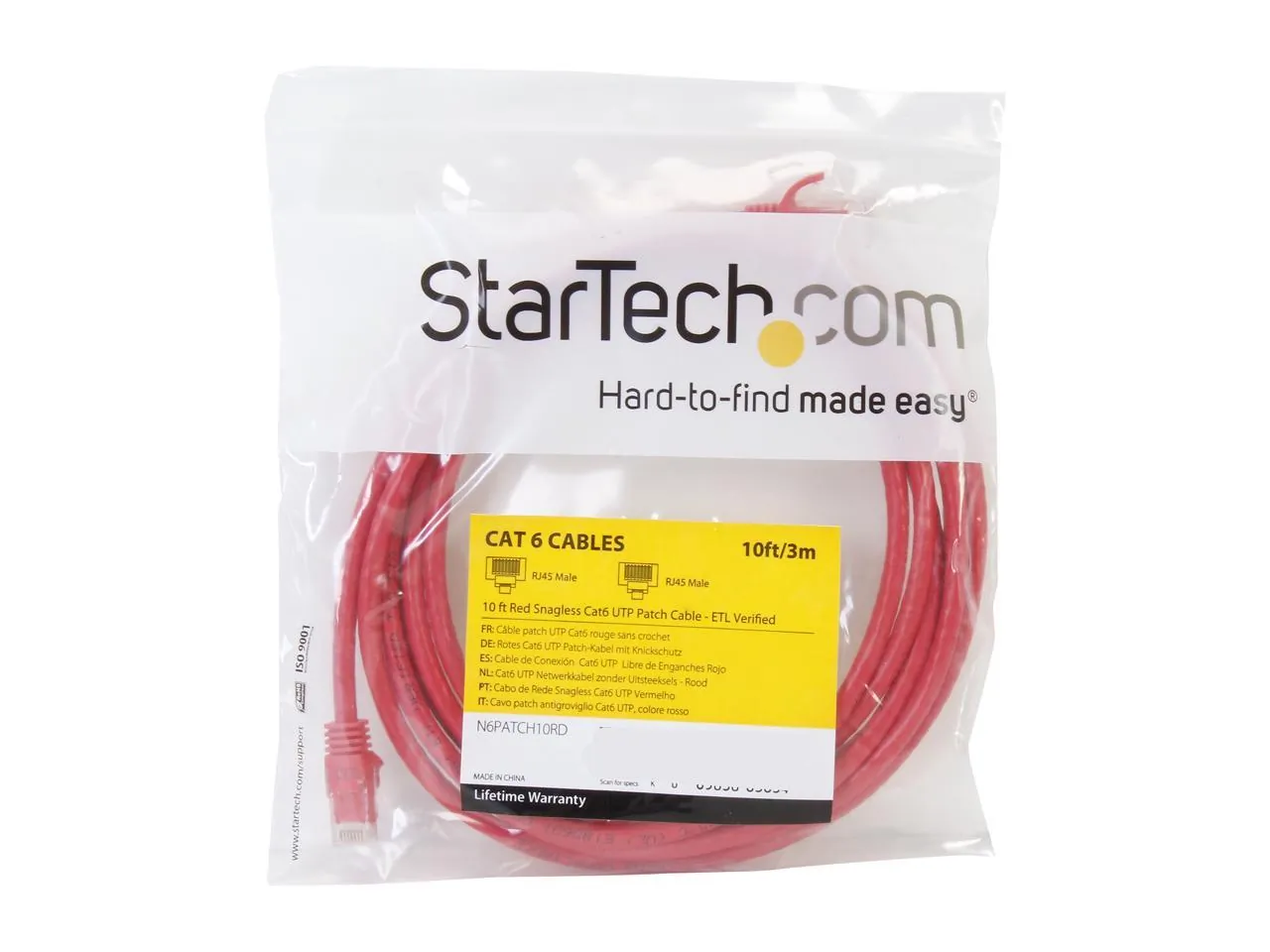 Startech N6PATCH10RD 10ft Cat6 Ethernet Cable - Red Snagless Gigabit -