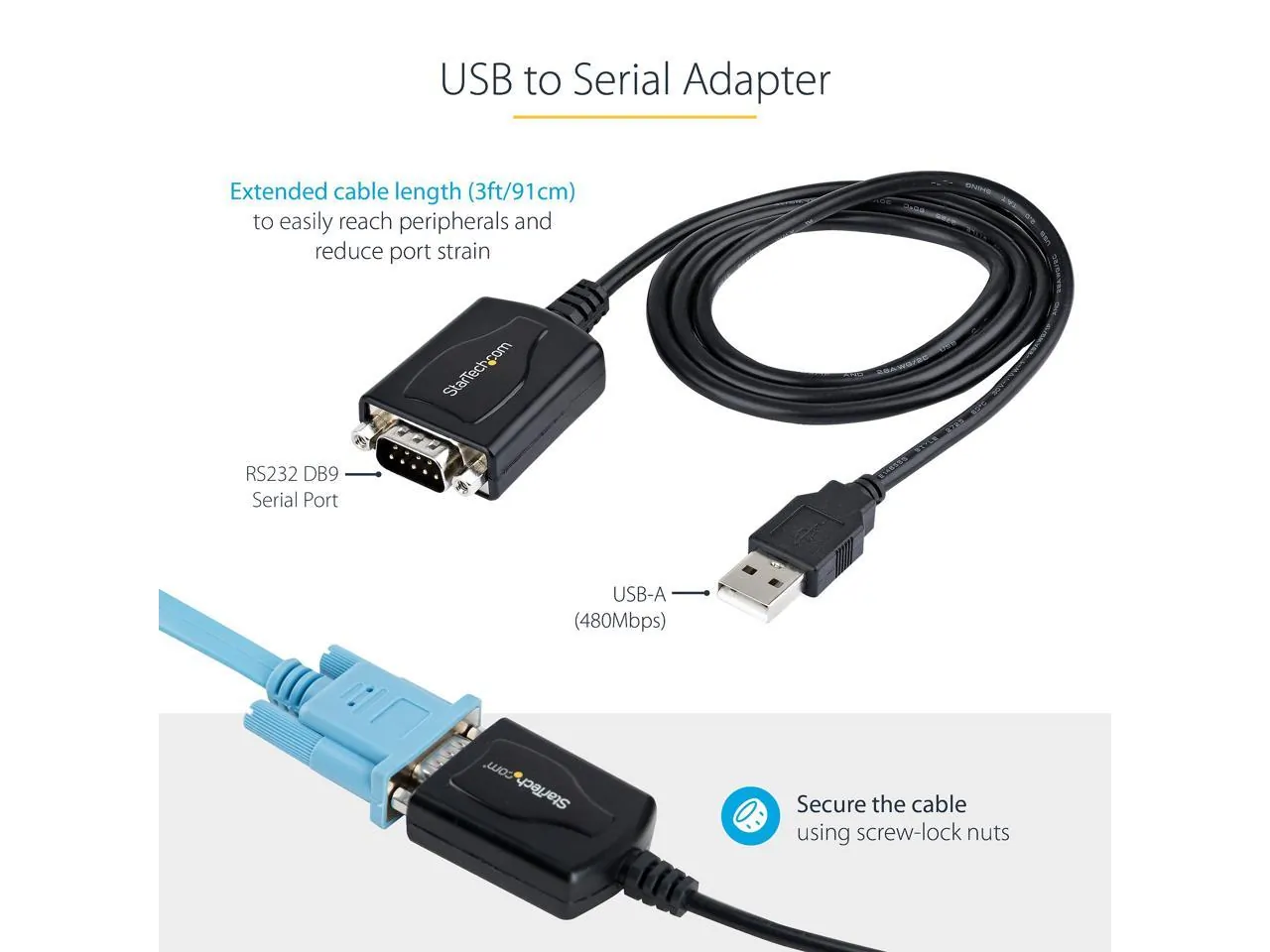 Startech 1P3FPC-USB-SERIAL 3ft Usb To Rs232 Db9 Serial Adapter Cable