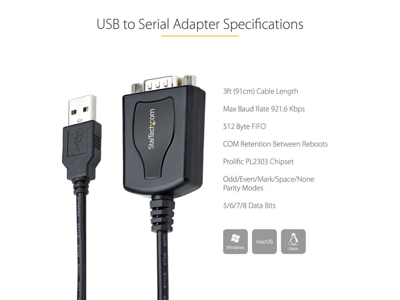 Startech 1P3FPC-USB-SERIAL 3ft Usb To Rs232 Db9 Serial Adapter Cable