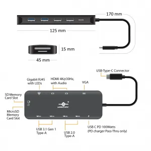 Vantec CB-CU302MDSH 100w Usb-c Multi-function Hub With Power Delivery