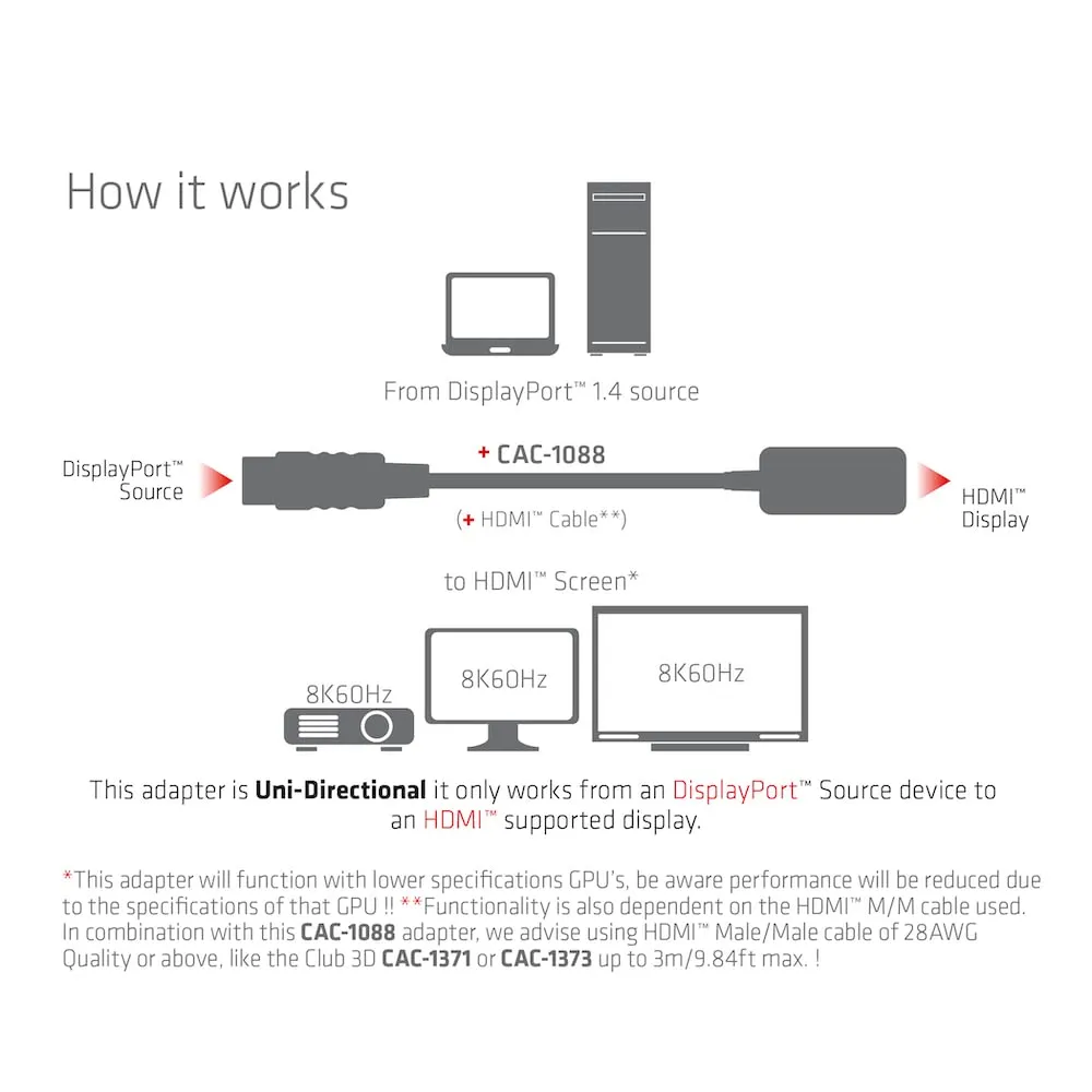 Club CAC-1088 Active Displayport 1.4 To Hdmi Mf Converter For Hdr