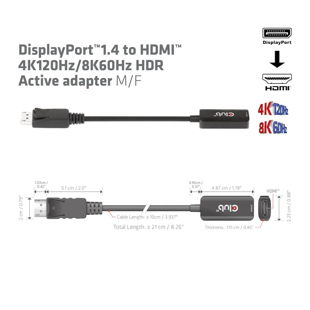 Club CAC-1088 Active Displayport 1.4 To Hdmi Mf Converter For Hdr