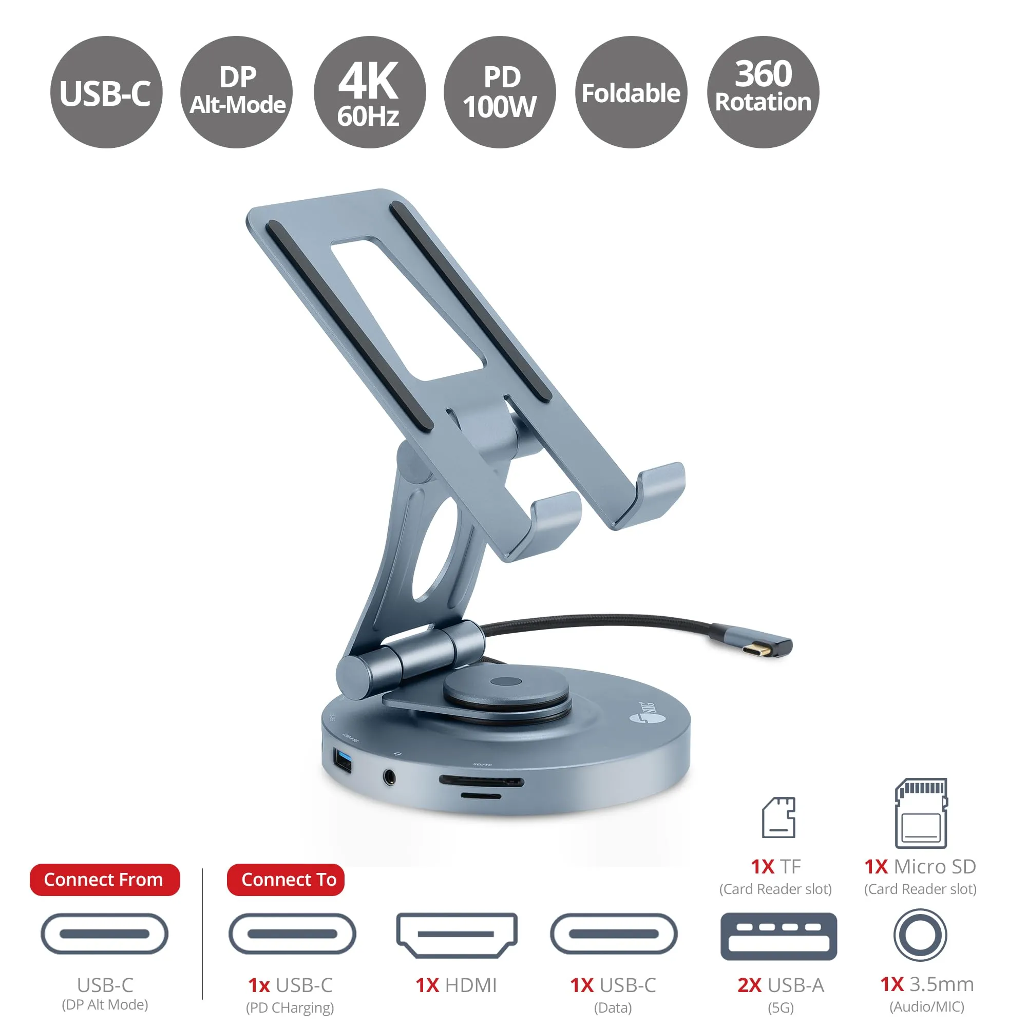 Siig CE-MTDK31-S1 Usb-c 8-in-1 Hub Stand For Tablets And Phones