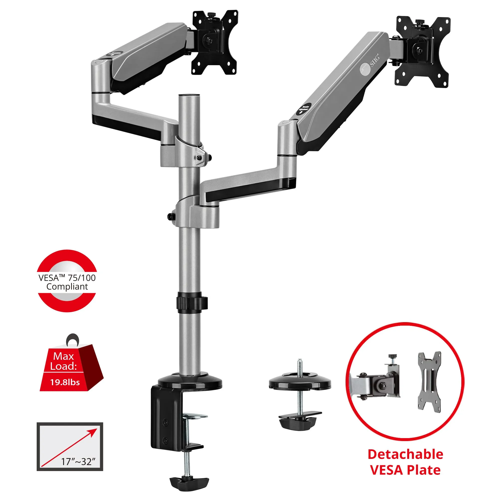 Siig CE-MT3R11-S1 Dual Stacked Monitor Arm Desk Mount For 17-32 Inch M