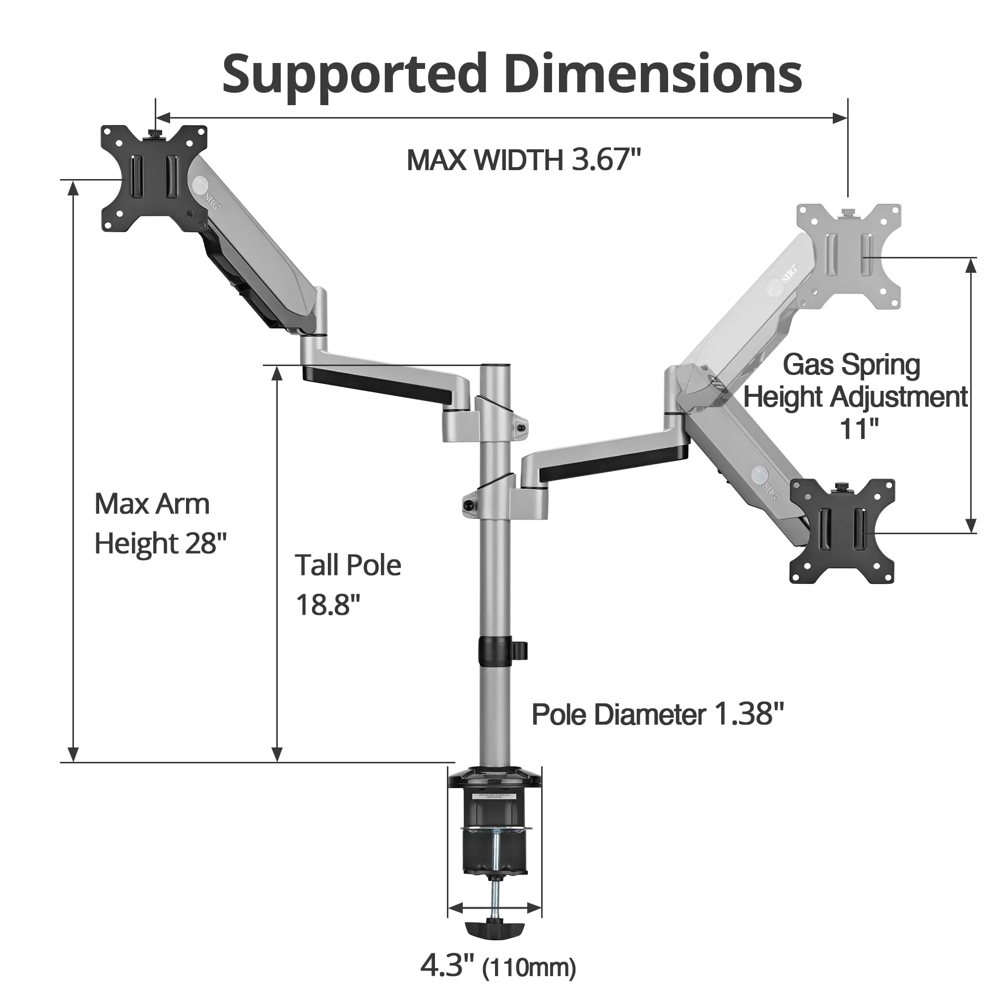 Siig CE-MT3R11-S1 Dual Stacked Monitor Arm Desk Mount For 17-32 Inch M