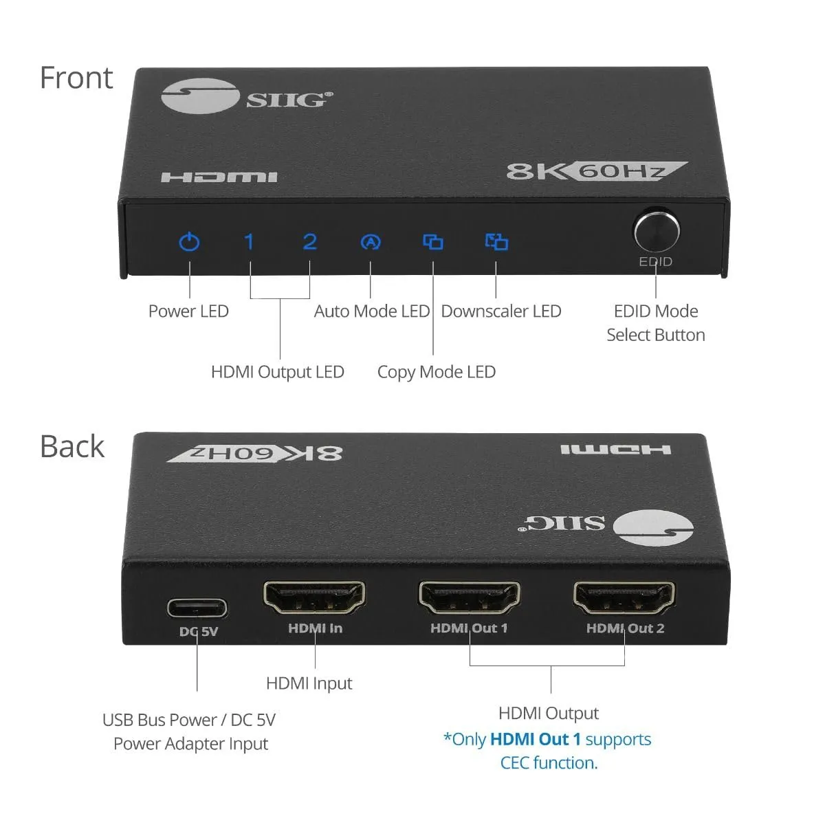 Siig CE-H27N11-S1 1x2 8k60hz Hdmi Splitter With