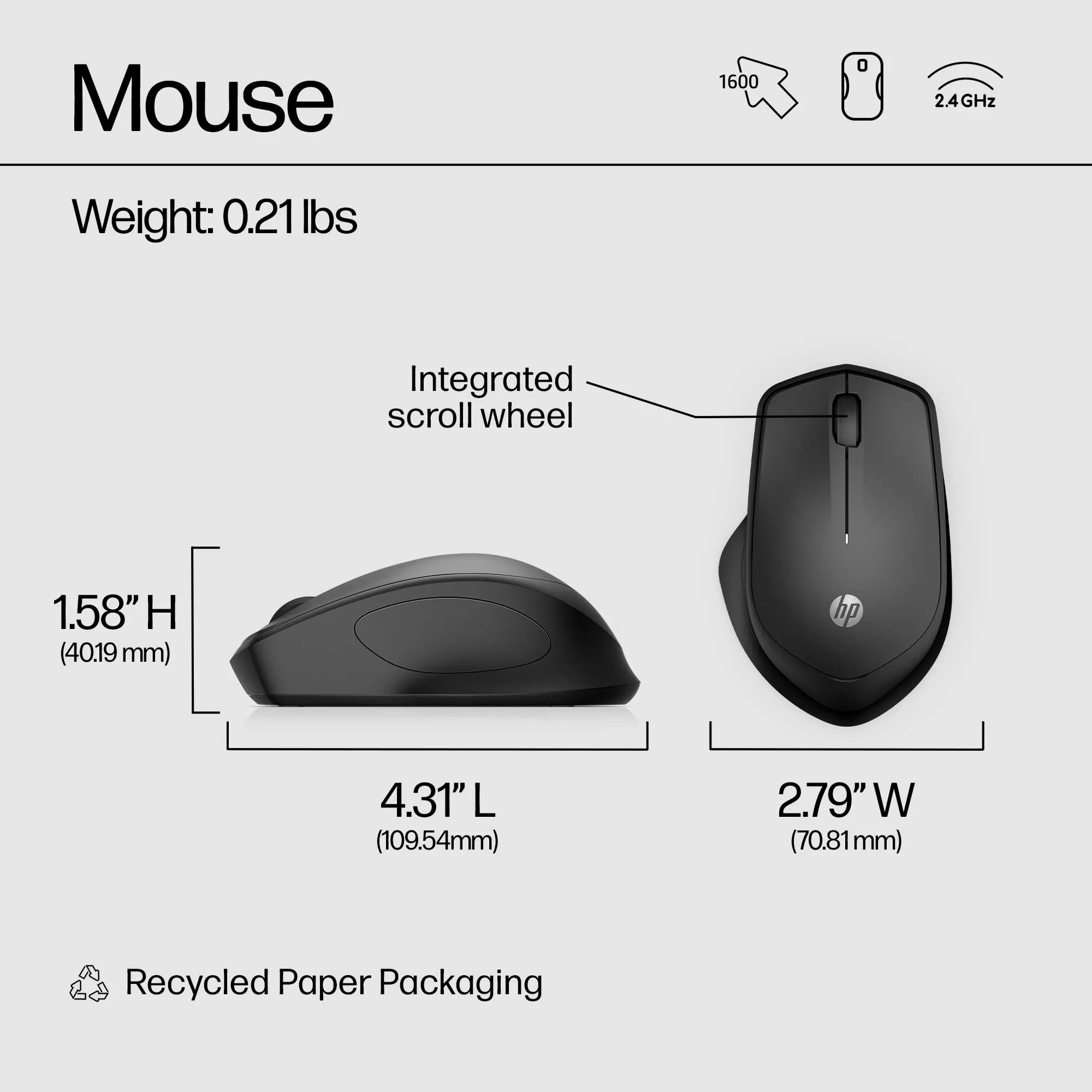 Hp 19U64AA#ABL Hp 280 Wireless Silent Black Mouse With Ergonomic Desig