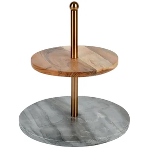 Laurie Gates Elegant Grey Marble & Acacia Wood 2-Tier