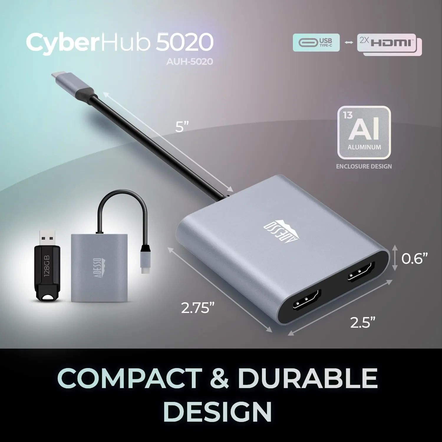 Adesso AUH-5020 Dual 4k Usb-c To Hdmi Adapter With Audio Pass-through