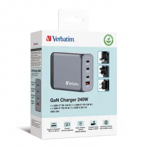 Verbatim 32205 , , 240w, 4-port, Gan, Wall Charger, Usb-c Pd Ports, Us