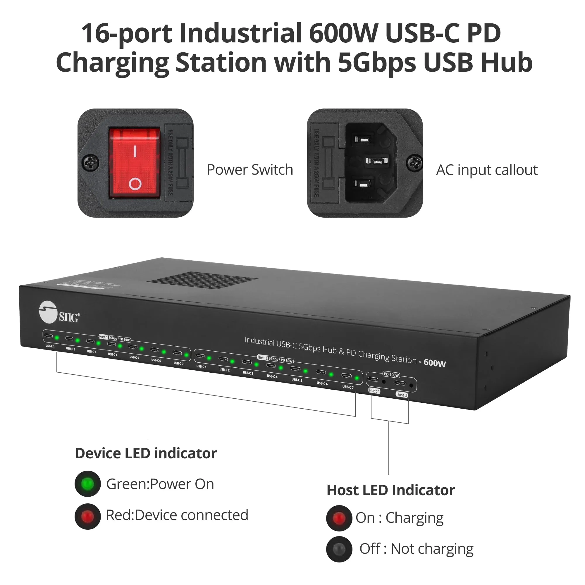 Siig ID-US0B11-S2 16-port Usb-c Pd Charging Station - 600w Power Hub