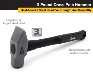 Titan 63004 3 Lb Cross Pein Hammer With Fiberglass Handle