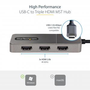 Startech MST14CD123HD Triple Hdmi Usb-c Mst Hub With 4k 60hz Support