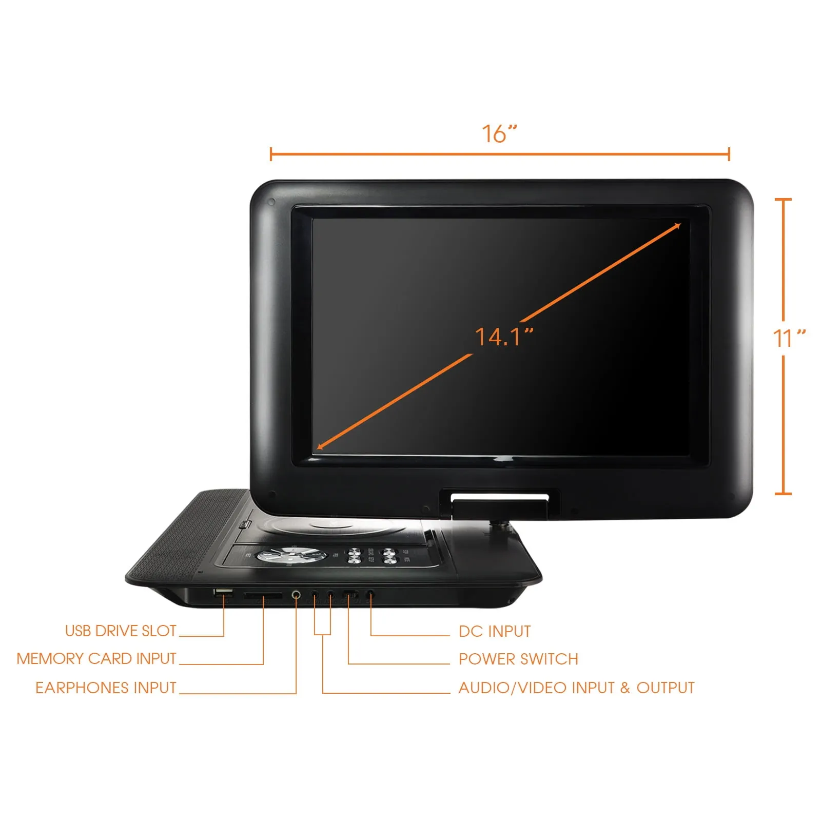 Trexonic 14.1 Inch Portable DVD Player with Swivel TFT-LCD Screen and USB,SD,AV Inputs
